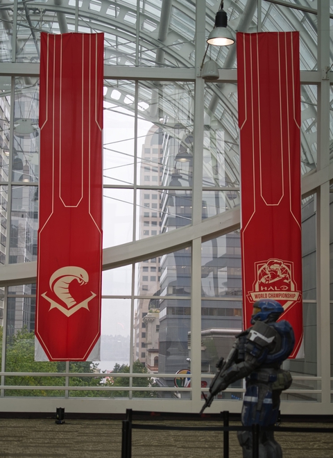 Spartan overlooking the Halo World Championship banners in Seattle.