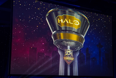 Halo World Championship trophy as seen on one of the stage screens.